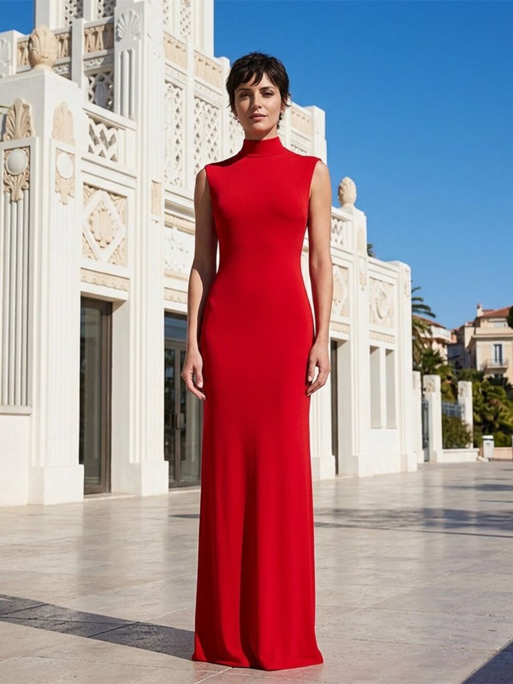 David Meister Red Mock Neck Sleeveless Sheath Gown